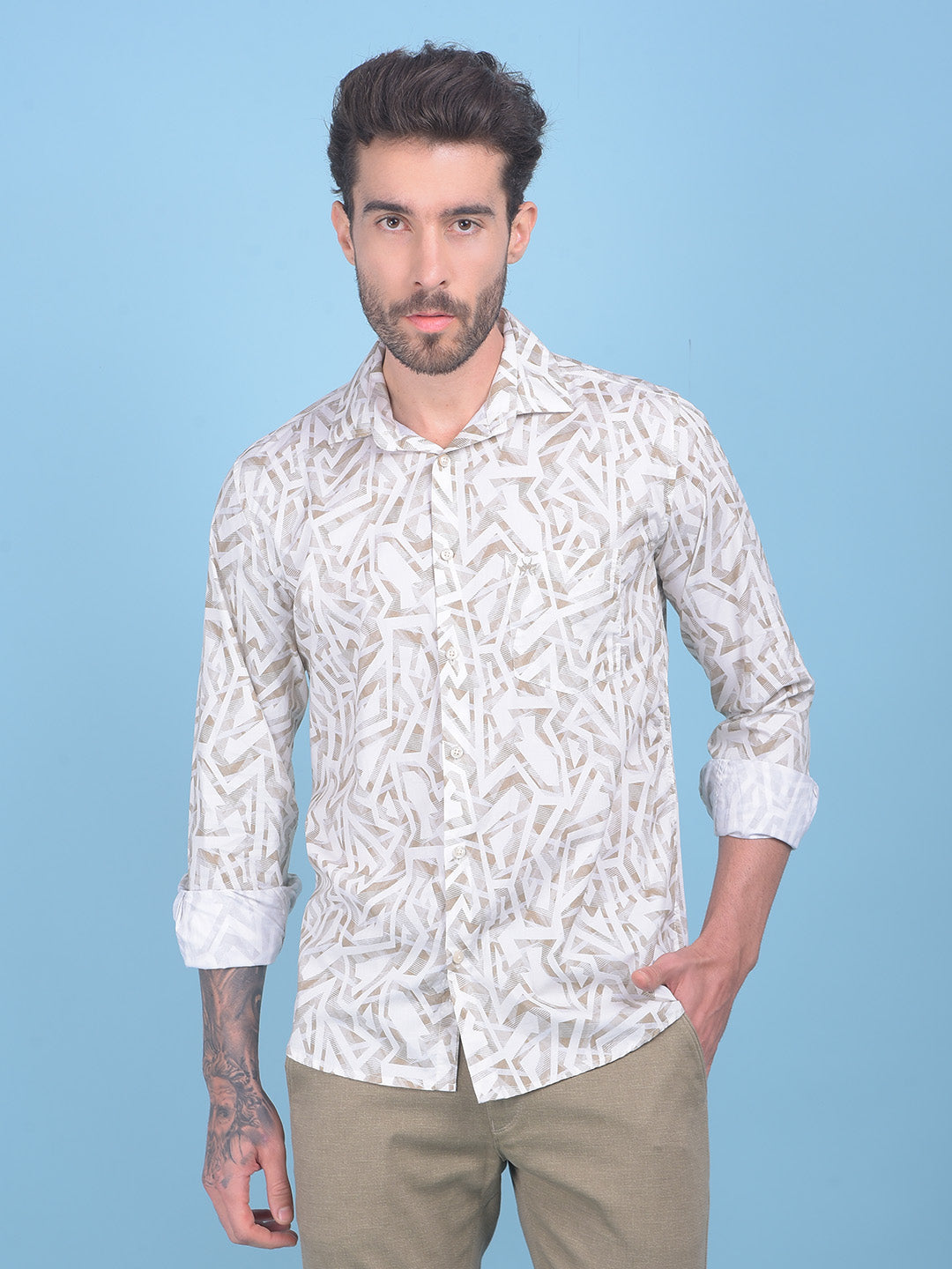 Printed Beige 100% Cotton Shirt-Men Shirts-Crimsoune Club