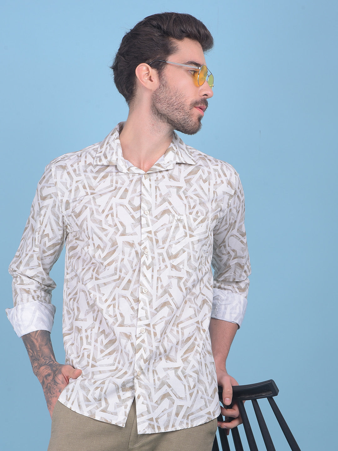 Printed Beige 100% Cotton Shirt-Men Shirts-Crimsoune Club