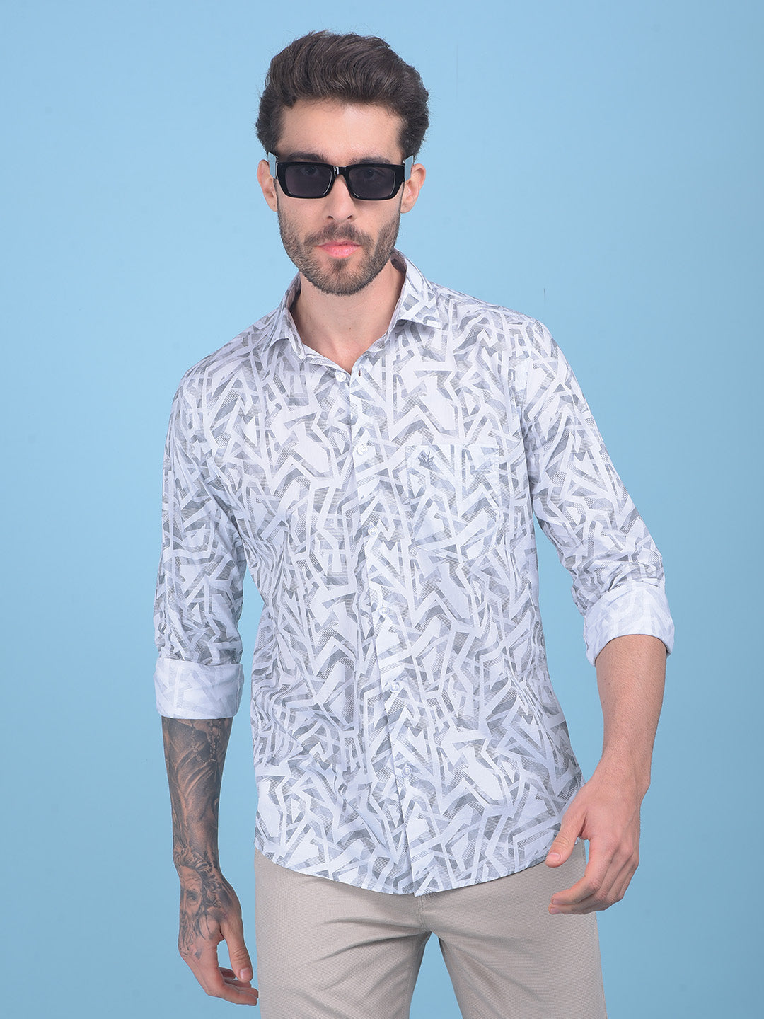 Printed Grey 100% Cotton Shirt-Men Shirts-Crimsoune Club