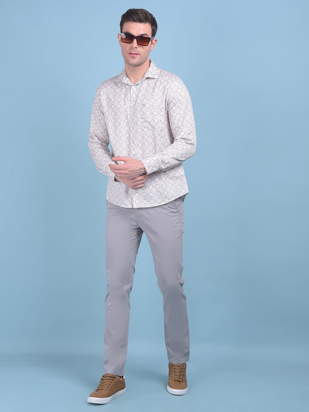 Beige Floral Print 100% Cotton Shirt-Men Shirts-Crimsoune Club