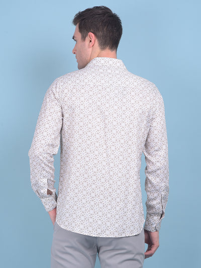 Beige Floral Print 100% Cotton Shirt-Men Shirts-Crimsoune Club