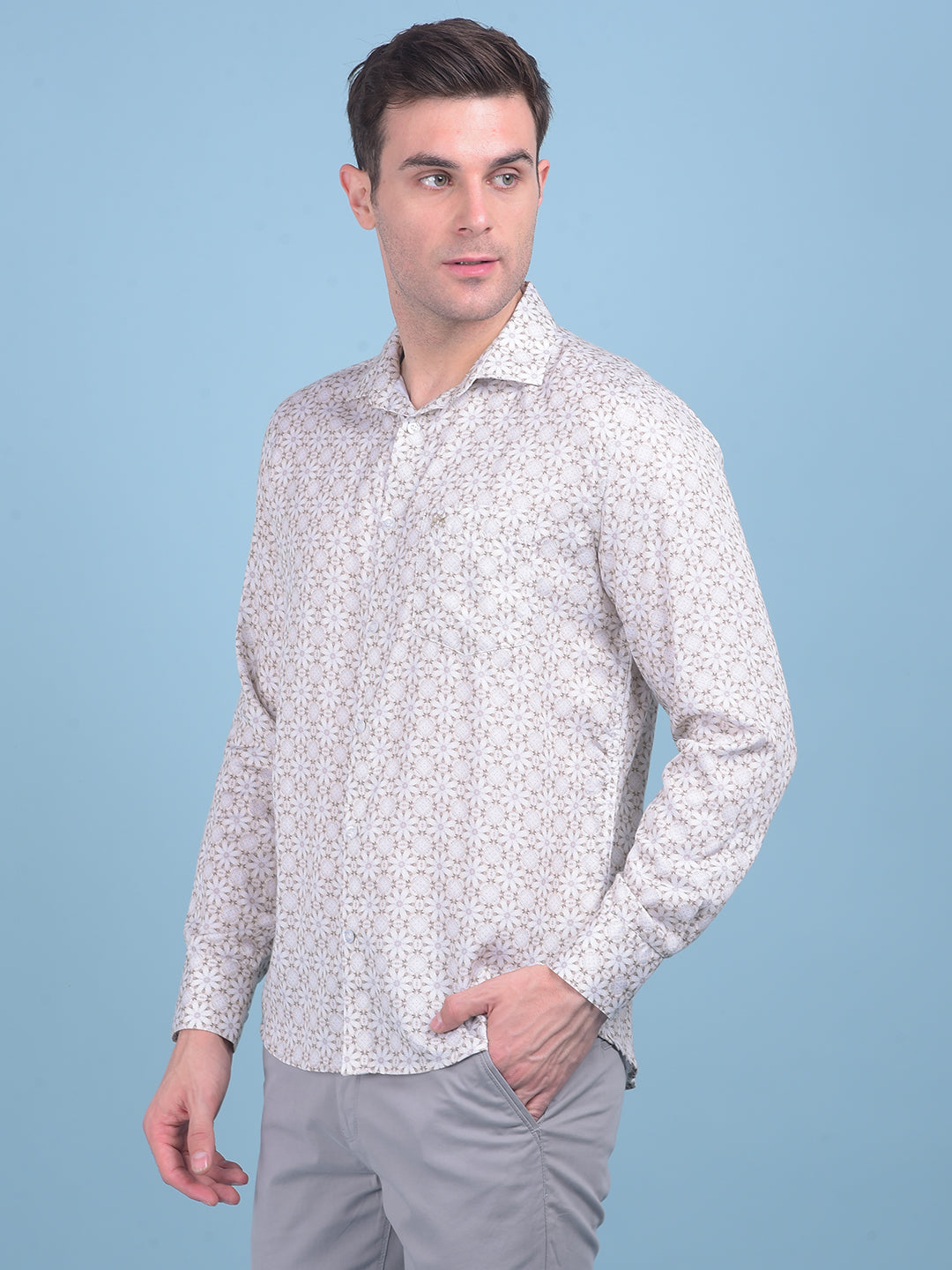 Beige Floral Print 100% Cotton Shirt-Men Shirts-Crimsoune Club