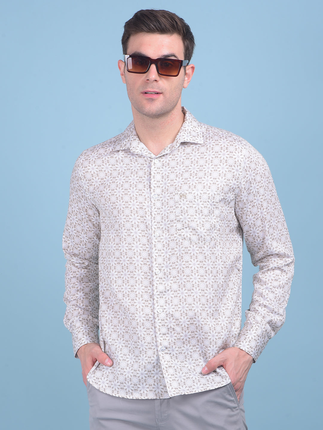 Beige Floral Print 100% Cotton Shirt-Men Shirts-Crimsoune Club