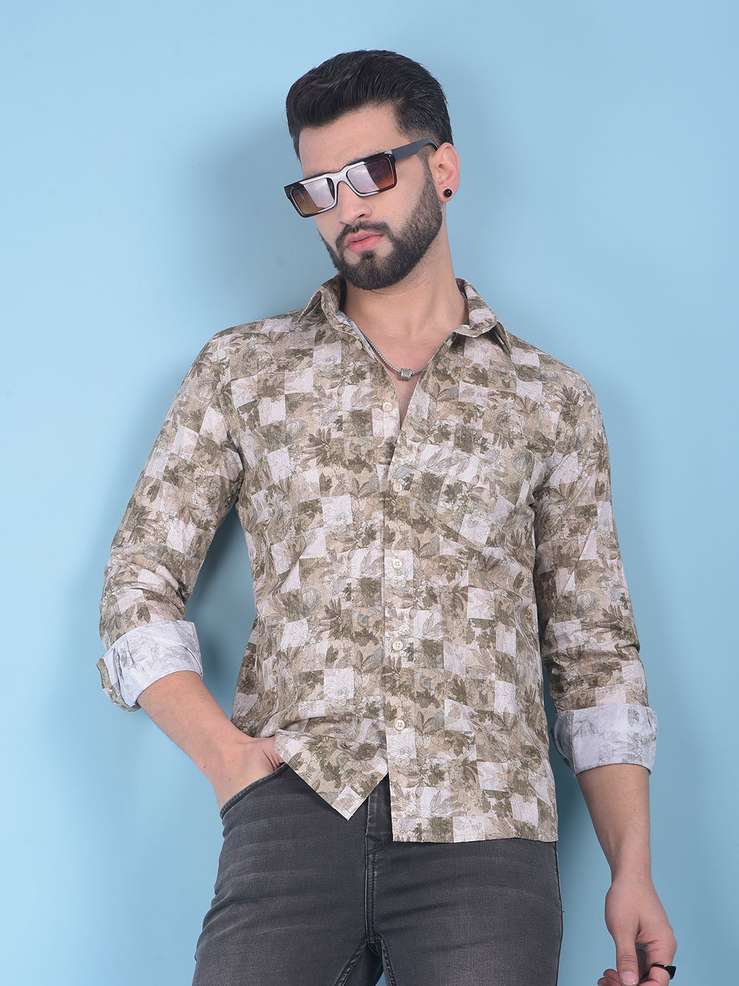 Brown Floral Print 100% Cotton Shirt-Men Shirts-Crimsoune Club