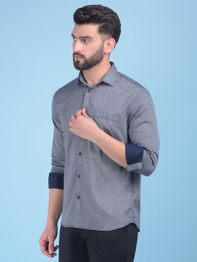 Navy Blue Printed 100% Cotton Shirt-Men Shirts-Crimsoune Club