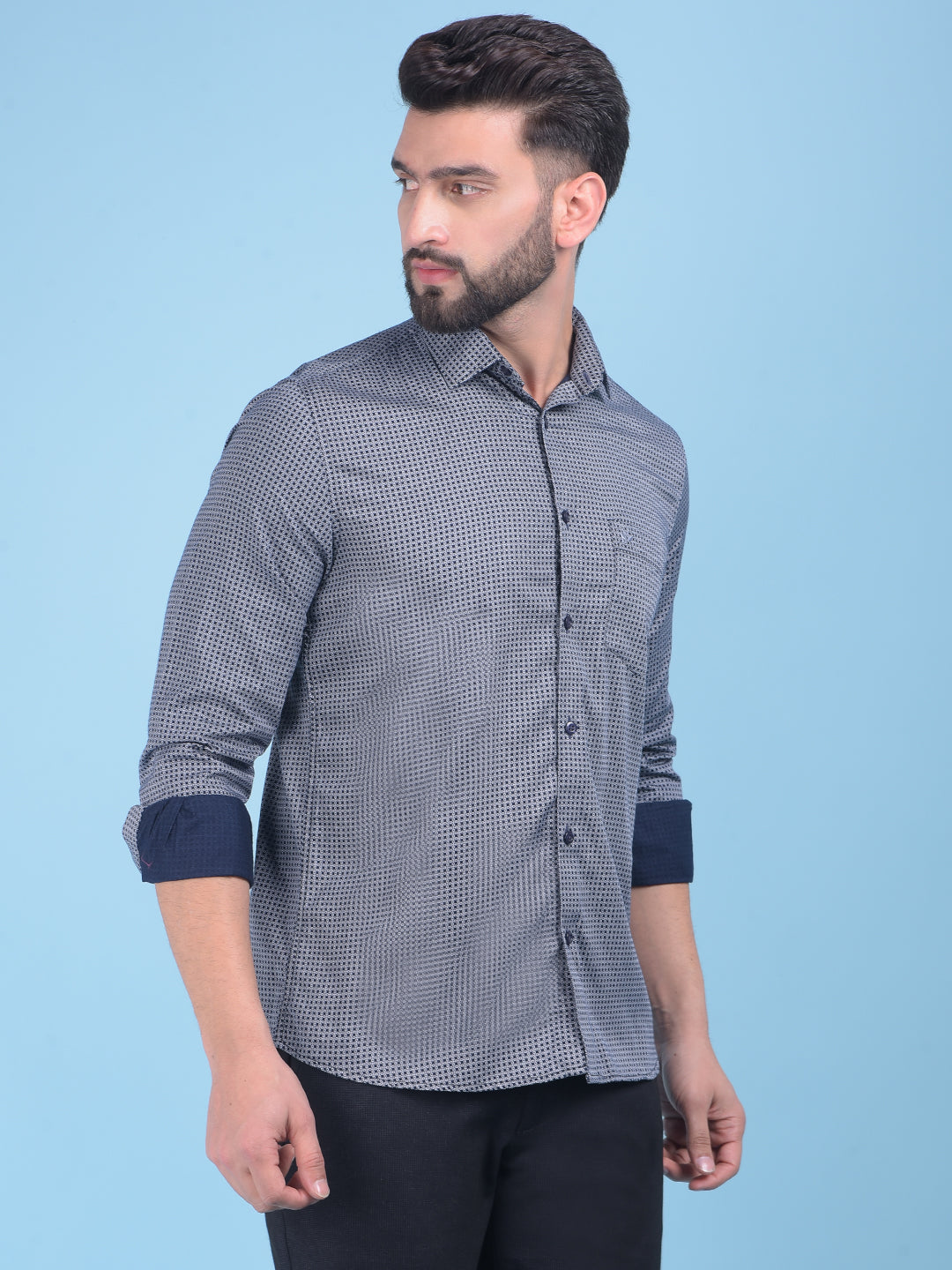 Navy Blue Printed 100% Cotton Shirt-Men Shirts-Crimsoune Club