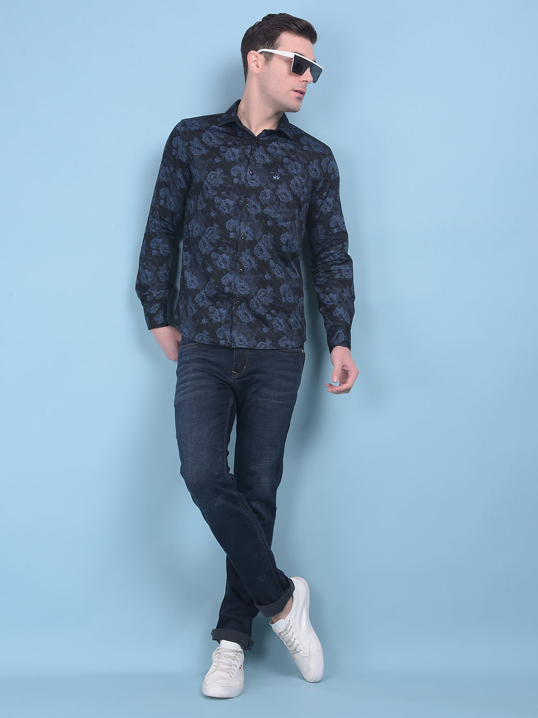 Blue Floral Print 100% Cotton Shirt-Men Shirts-Crimsoune Club