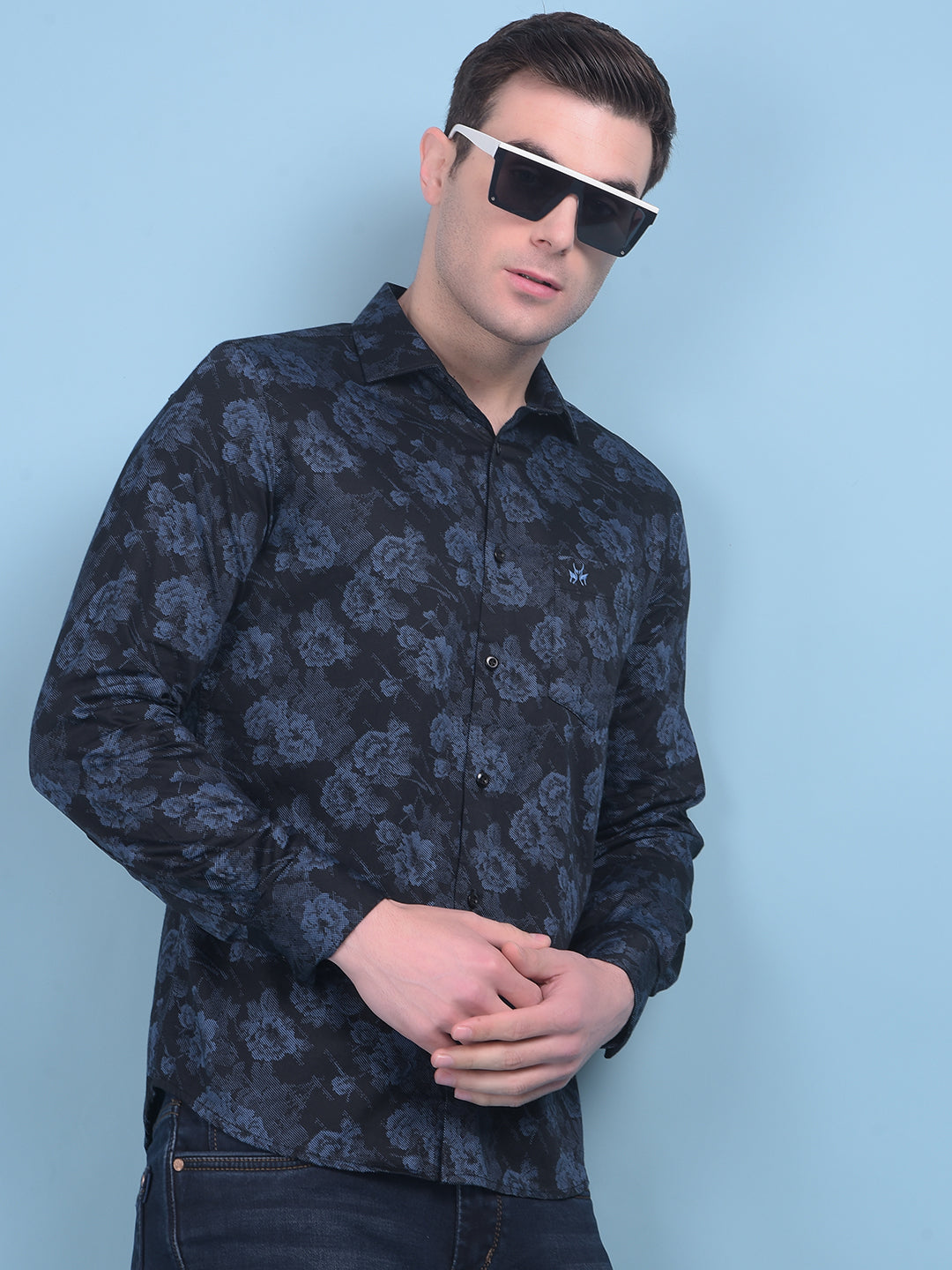 Blue Floral Print 100% Cotton Shirt-Men Shirts-Crimsoune Club