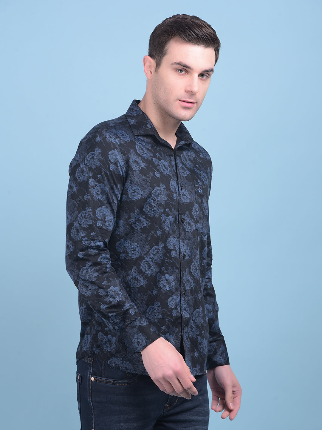 Blue Floral Print 100% Cotton Shirt-Men Shirts-Crimsoune Club