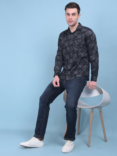 Black Floral Print 100% Cotton Shirt-Men Shirts-Crimsoune Club