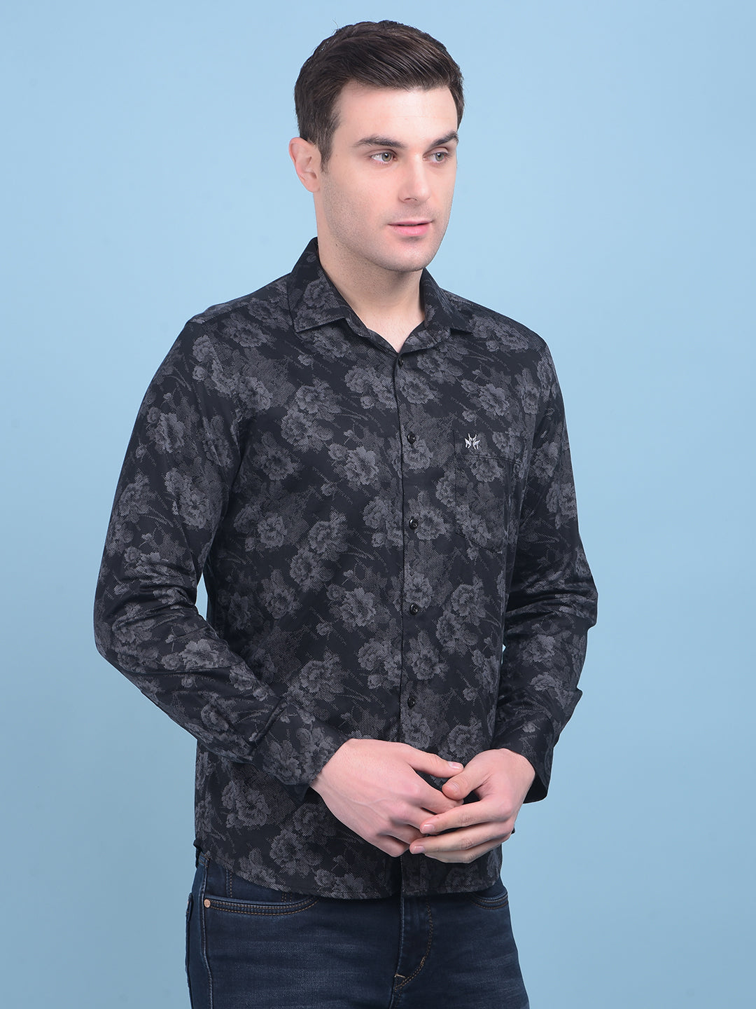 Black Floral Print 100% Cotton Shirt-Men Shirts-Crimsoune Club