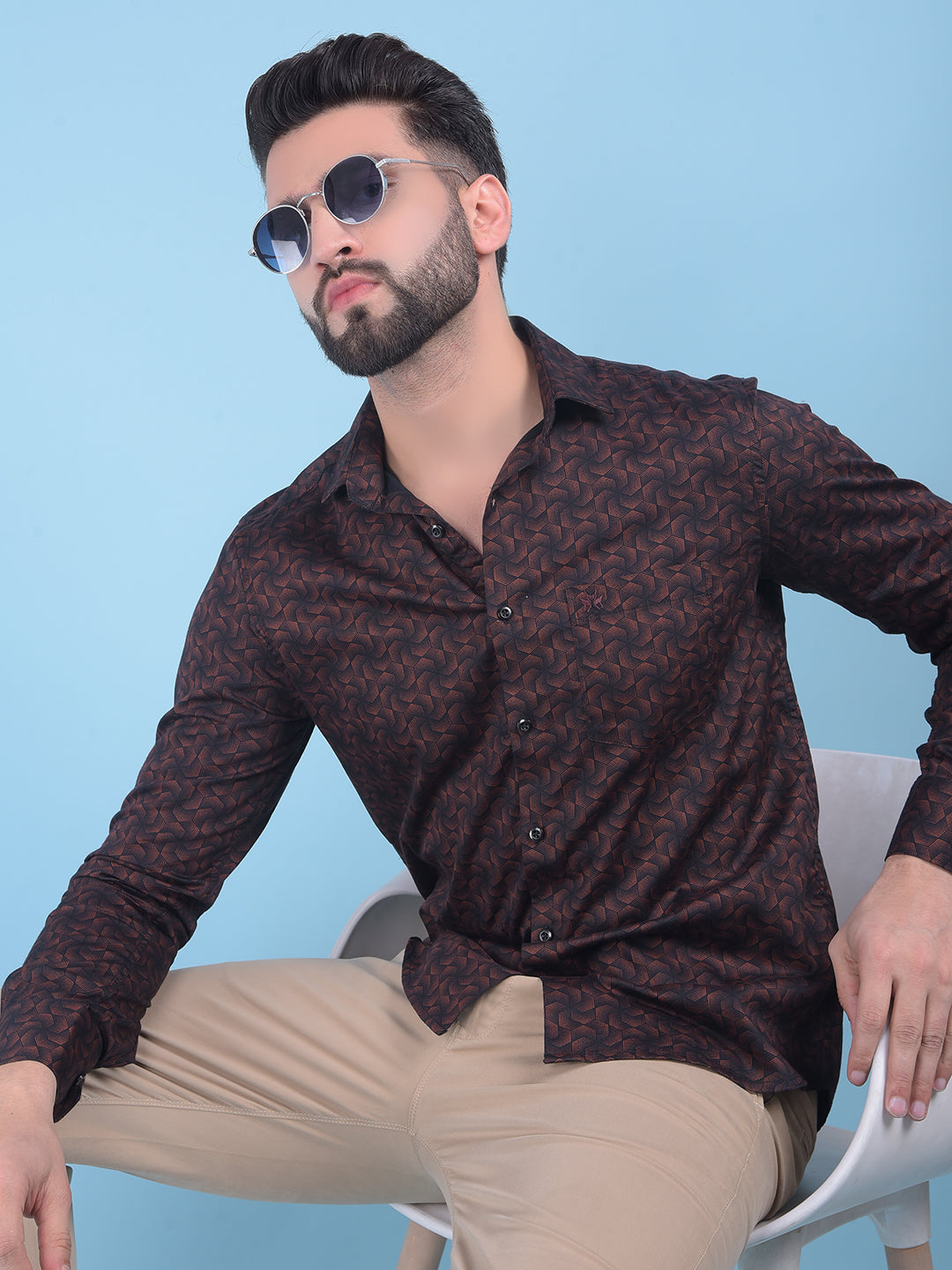 Brown Printed 100% Cotton Shirt-Men Shirts-Crimsoune Club