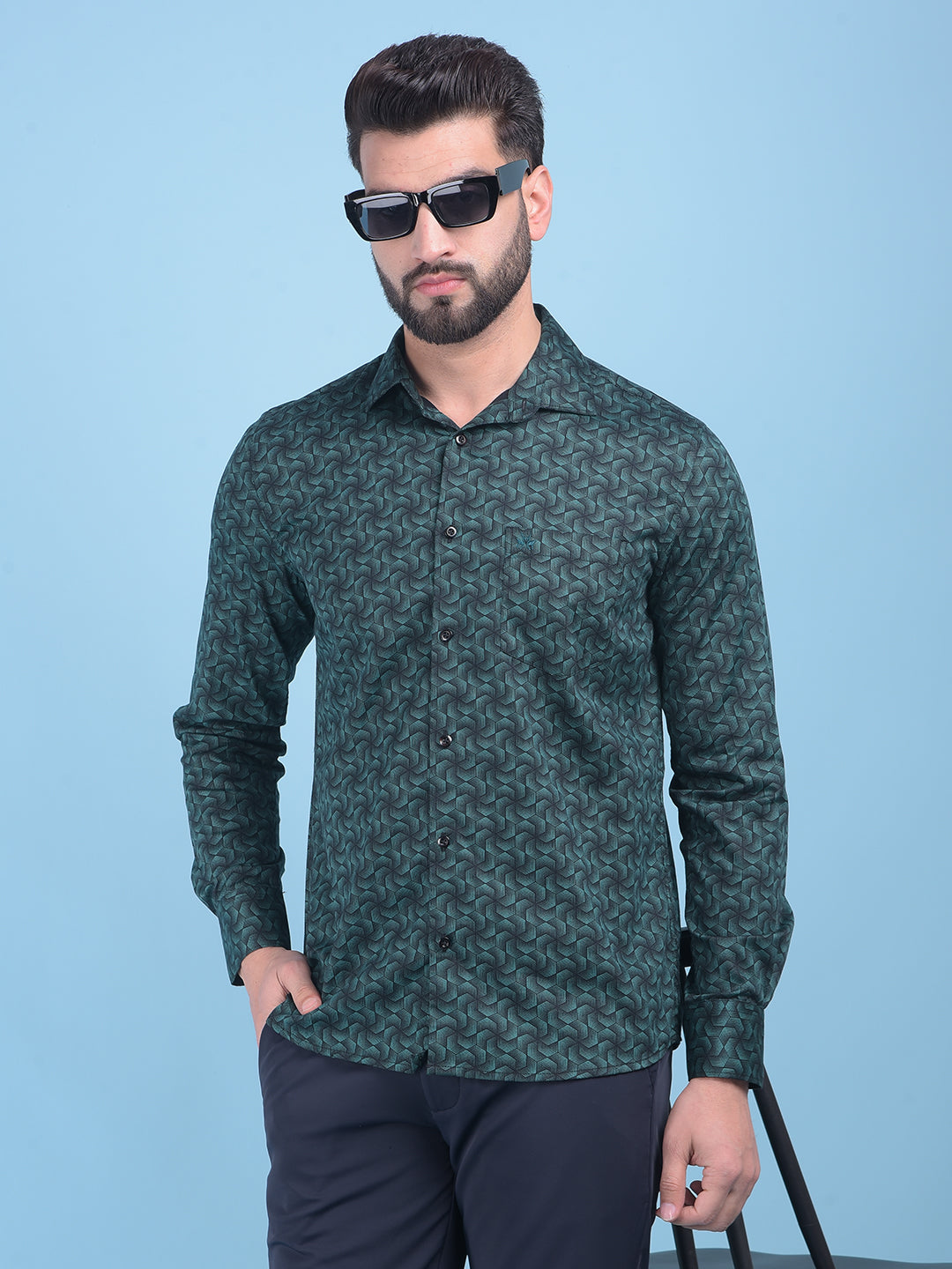 Blue Printed 100% Cotton Shirt-Men Shirts-Crimsoune Club