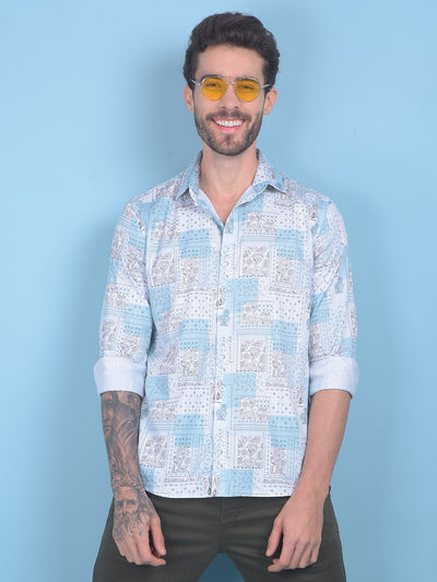 Blue Floral Print 100% Cotton Shirt-Men Shirts-Crimsoune Club