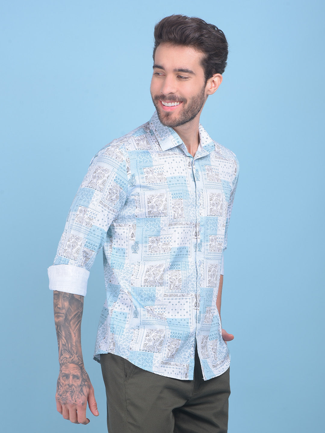 Blue Floral Print 100% Cotton Shirt-Men Shirts-Crimsoune Club