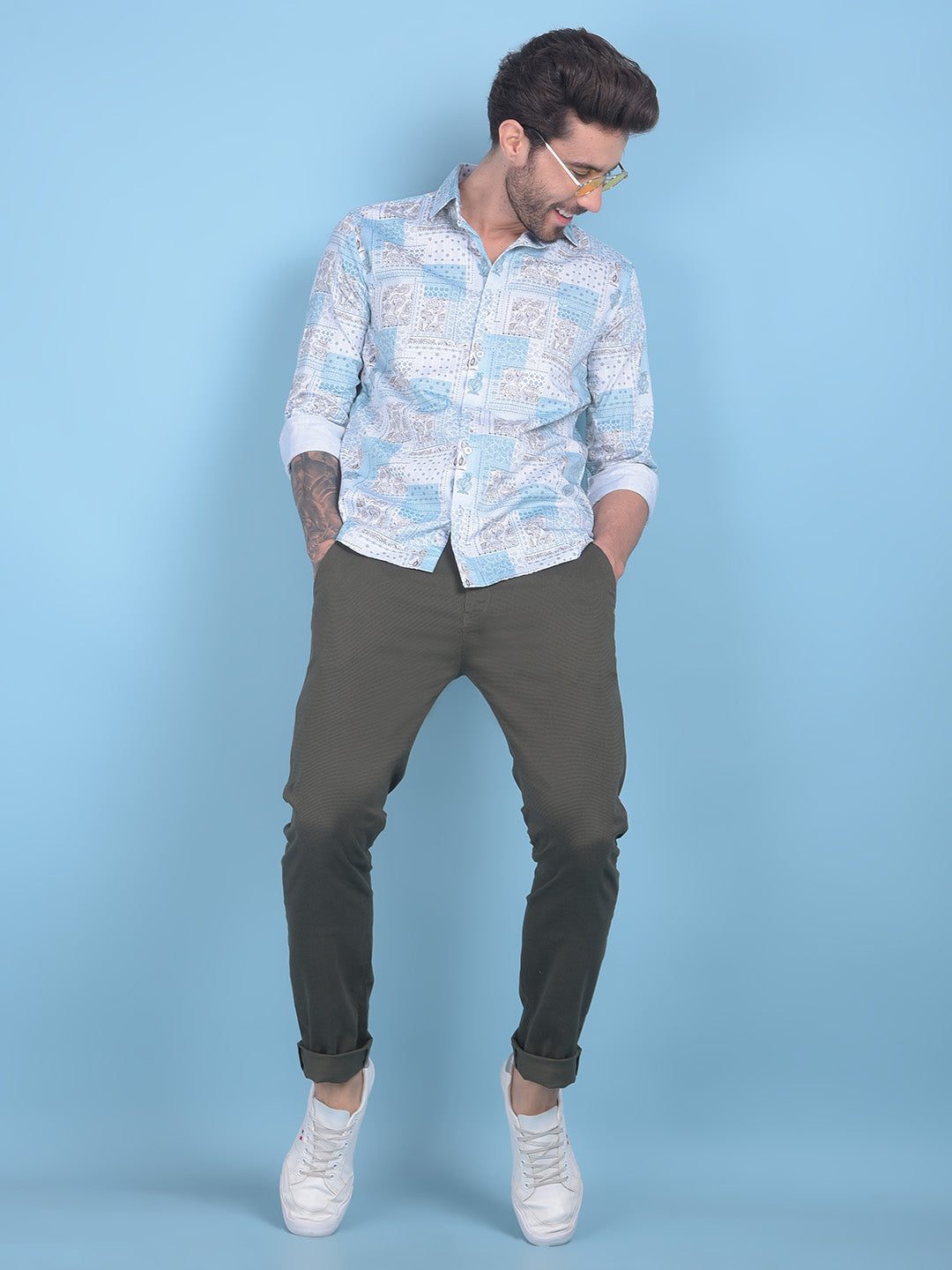 Blue Floral Print 100% Cotton Shirt-Men Shirts-Crimsoune Club