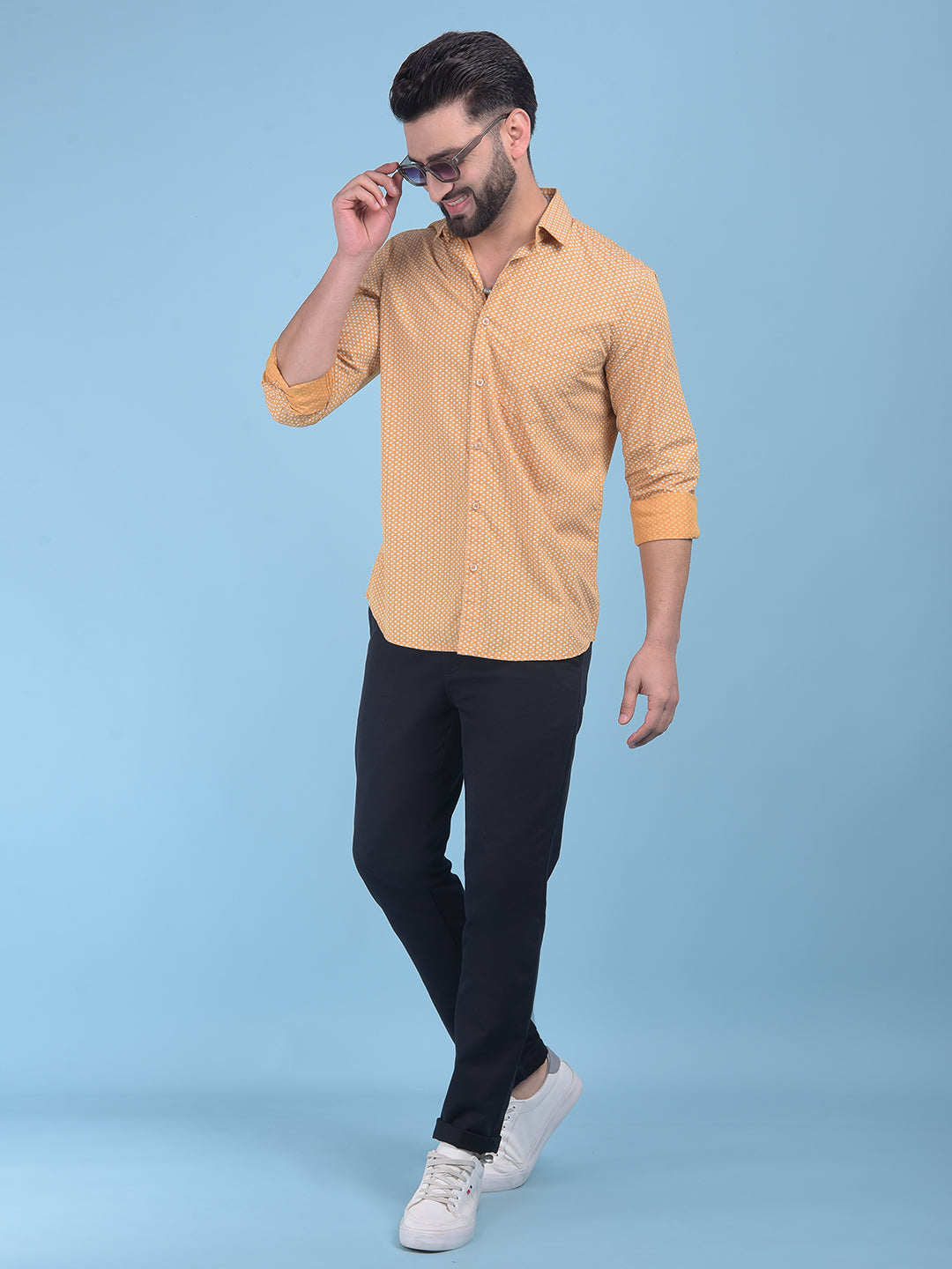 Mustard Floral Print 100% Cotton Shirt-Men Shirts-Crimsoune Club