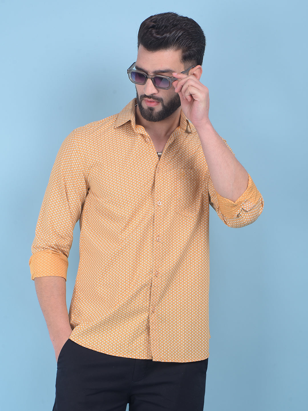 Mustard Floral Print 100% Cotton Shirt-Men Shirts-Crimsoune Club