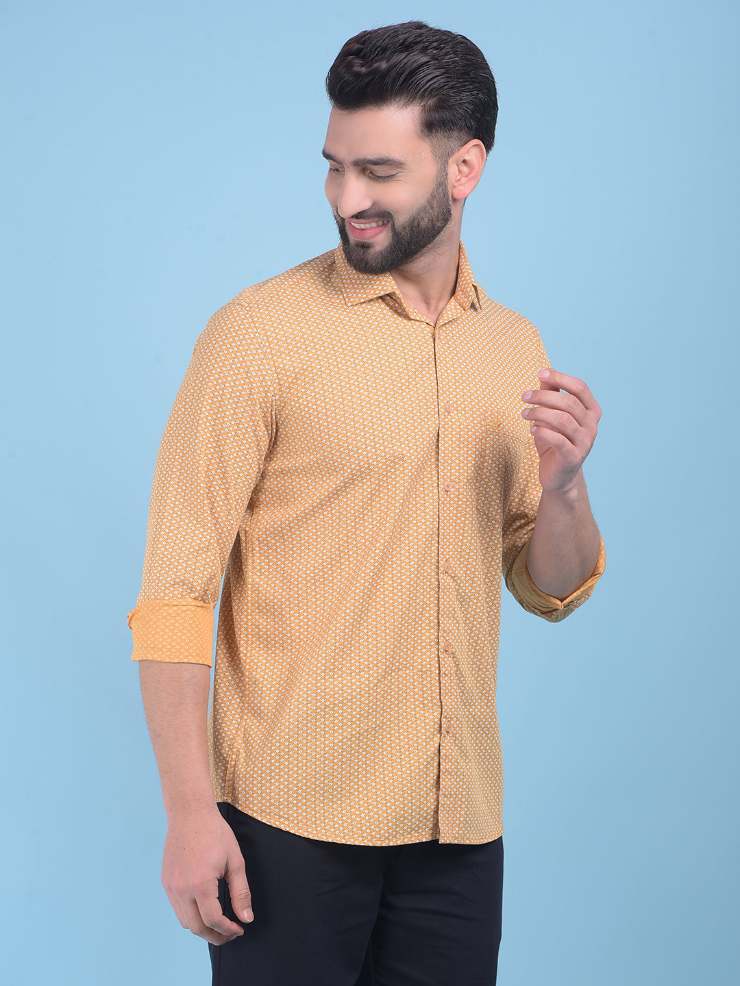 Mustard Floral Print 100% Cotton Shirt-Men Shirts-Crimsoune Club