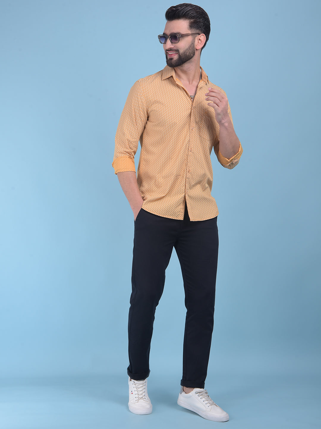 Mustard Floral Print 100% Cotton Shirt-Men Shirts-Crimsoune Club