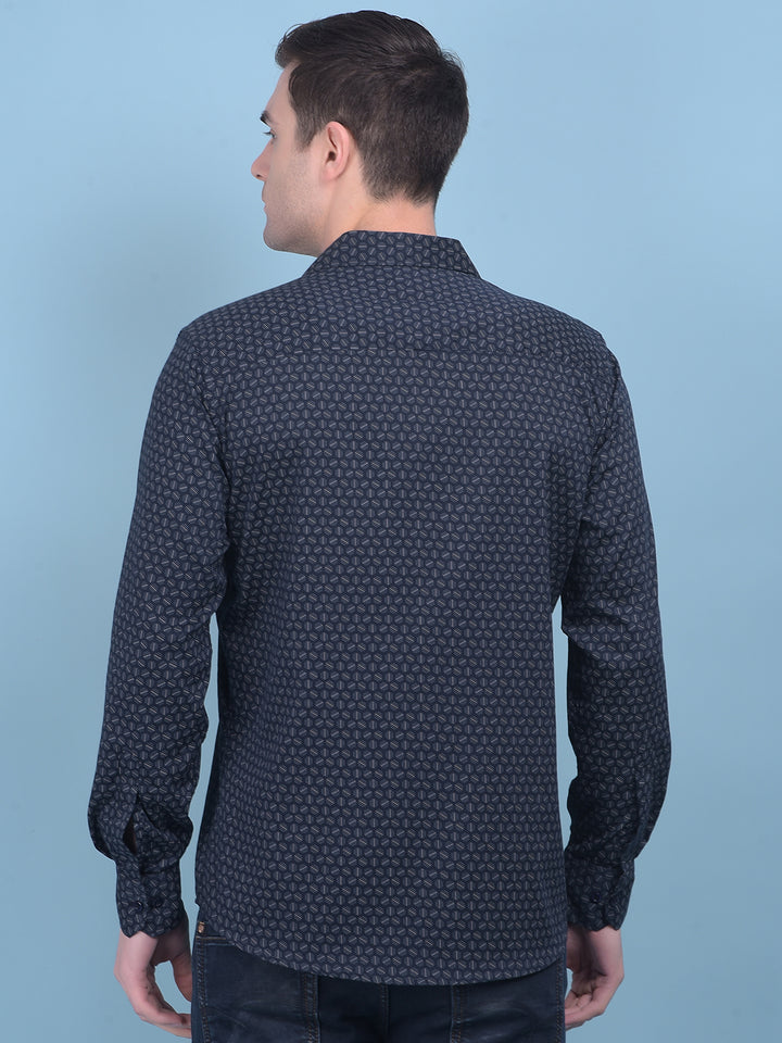 Printed Navy Blue Stretchable Shirt-Men Shirts-Crimsoune Club
