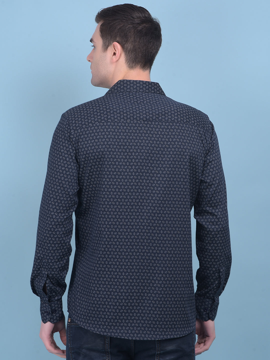 Printed Navy Blue Stretchable Shirt-Men Shirts-Crimsoune Club