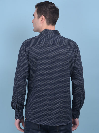 Printed Navy Blue Stretchable Shirt-Men Shirts-Crimsoune Club