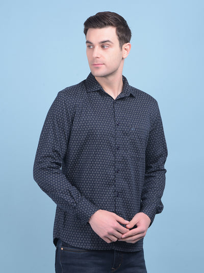 Printed Navy Blue Stretchable Shirt-Men Shirts-Crimsoune Club
