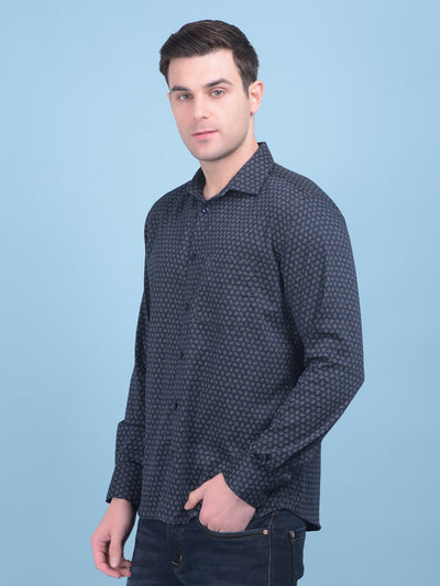 Printed Navy Blue Stretchable Shirt-Men Shirts-Crimsoune Club