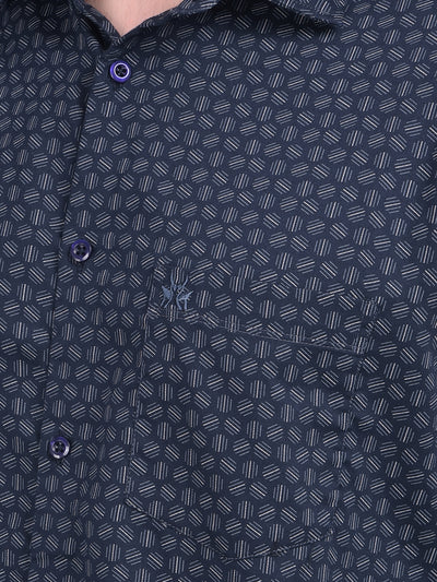 Printed Navy Blue Stretchable Shirt-Men Shirts-Crimsoune Club