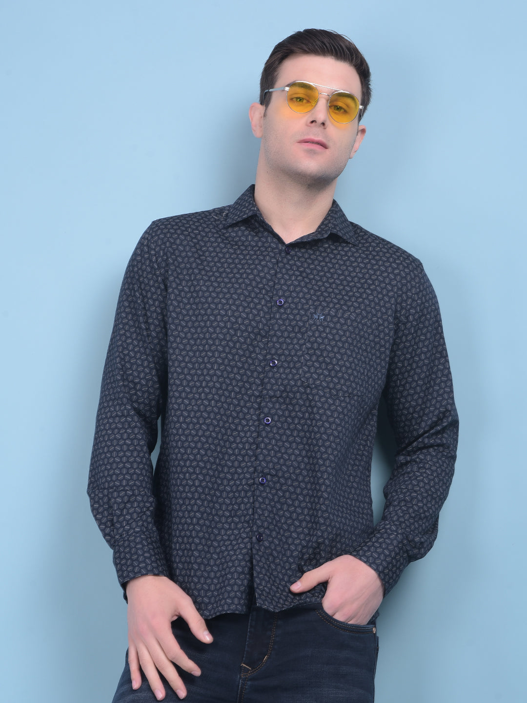 Printed Navy Blue Stretchable Shirt-Men Shirts-Crimsoune Club