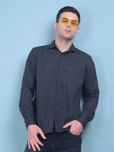 Printed Navy Blue Stretchable Shirt-Men Shirts-Crimsoune Club