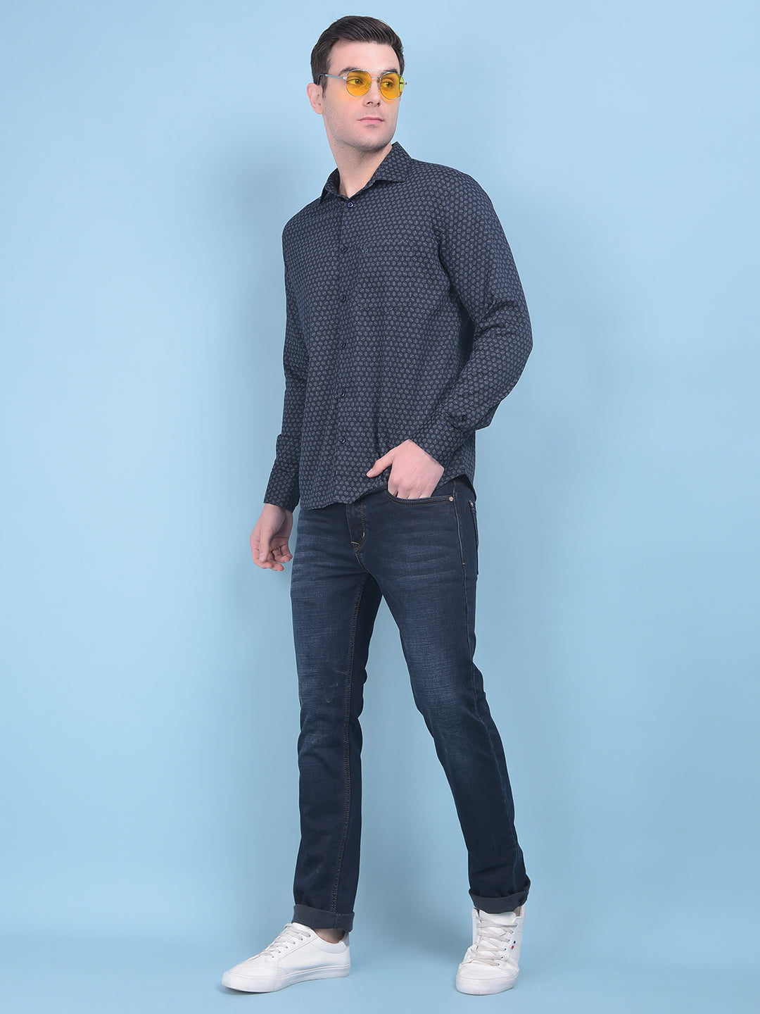 Printed Navy Blue Stretchable Shirt-Men Shirts-Crimsoune Club