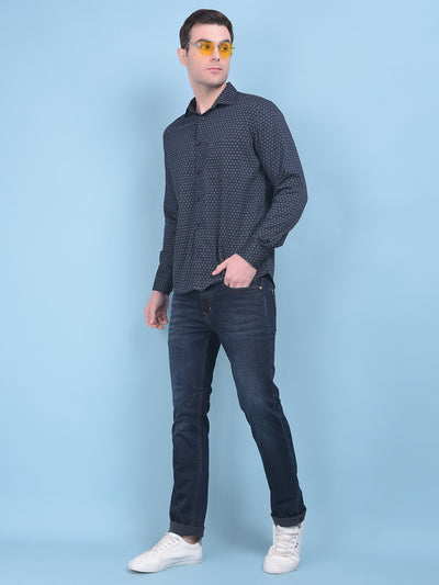 Printed Navy Blue Stretchable Shirt-Men Shirts-Crimsoune Club