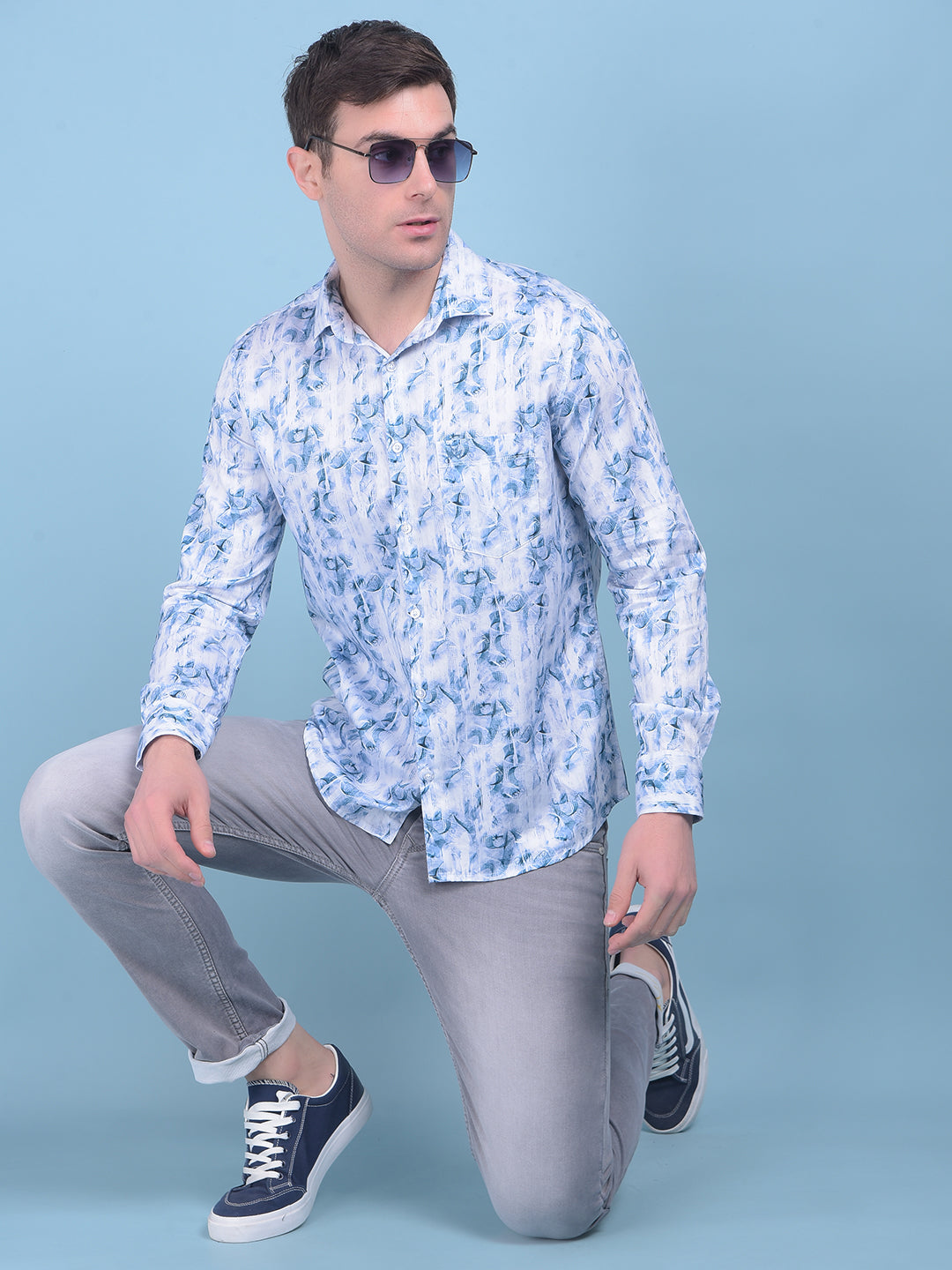 Blue Floral Print 100% Cotton Shirt-Men Shirts-Crimsoune Club