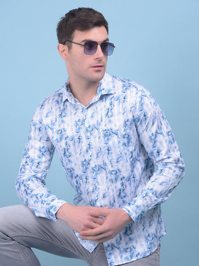 Blue Floral Print 100% Cotton Shirt-Men Shirts-Crimsoune Club