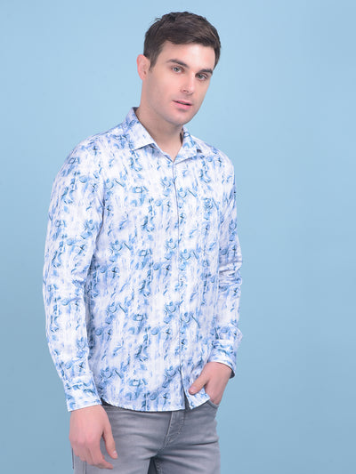 Blue Floral Print 100% Cotton Shirt-Men Shirts-Crimsoune Club