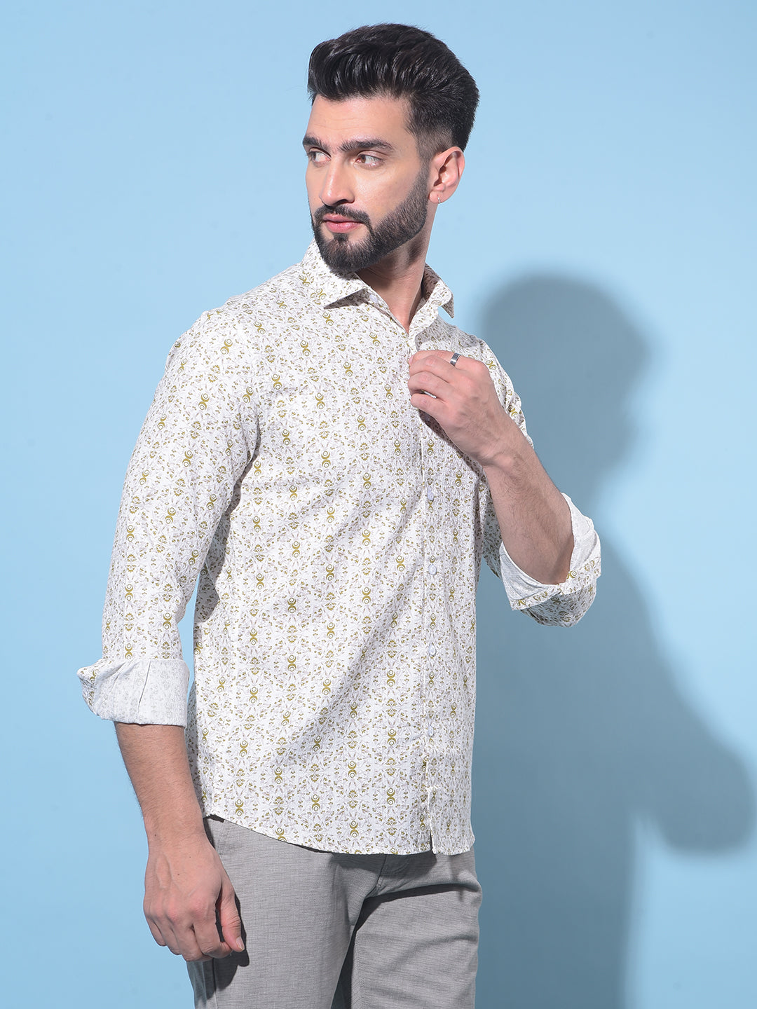 Olive Floral Printed 100% Cotton Shirt-Men Shirts-Crimsoune Club