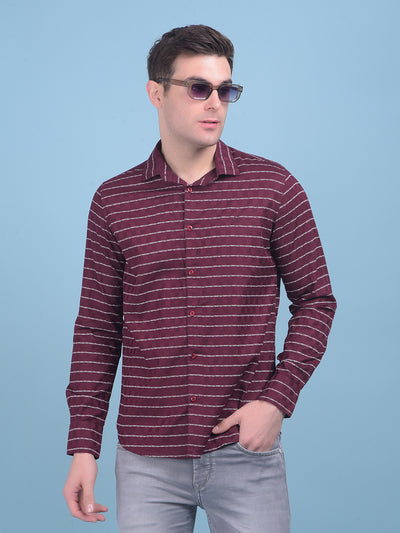 Wine Horizontal Striped 100% Cotton Shirt-Men Shirts-Crimsoune Club