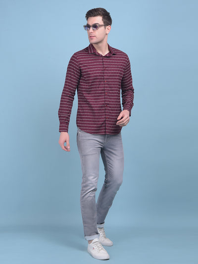 Wine Horizontal Striped 100% Cotton Shirt-Men Shirts-Crimsoune Club