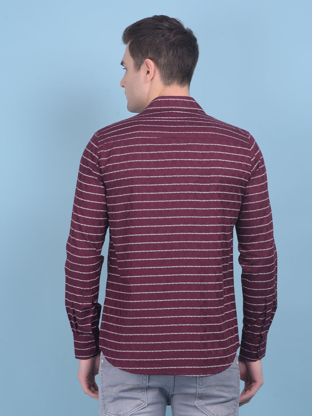 Wine Horizontal Striped 100% Cotton Shirt-Men Shirts-Crimsoune Club