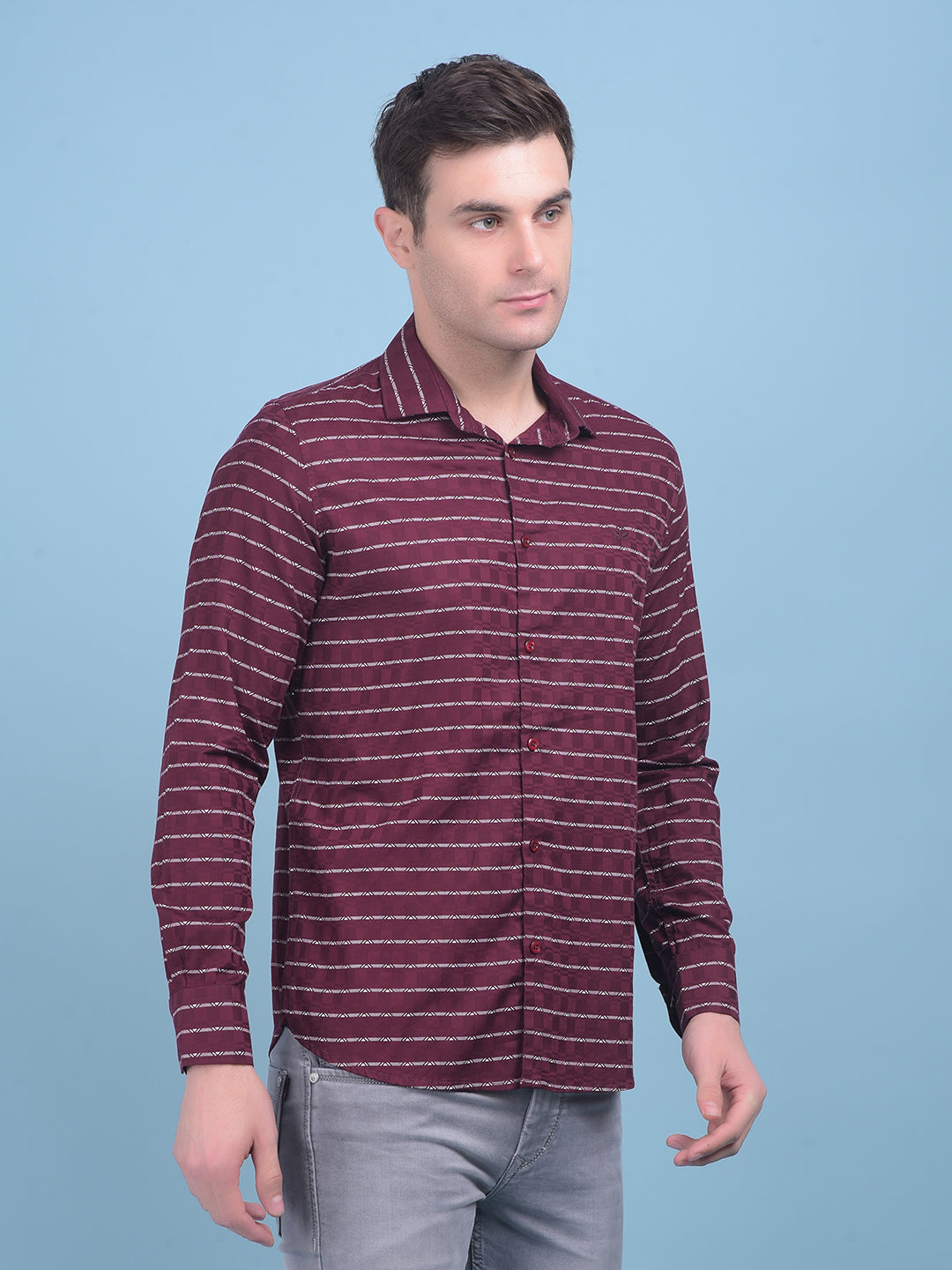 Wine Horizontal Striped 100% Cotton Shirt-Men Shirts-Crimsoune Club