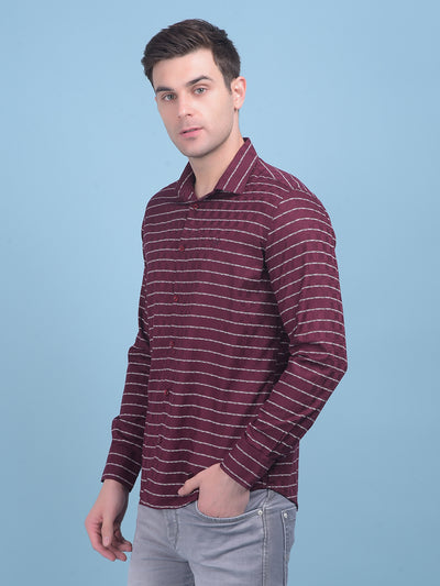 Wine Horizontal Striped 100% Cotton Shirt-Men Shirts-Crimsoune Club