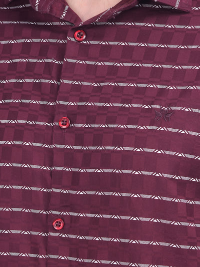 Wine Horizontal Striped 100% Cotton Shirt-Men Shirts-Crimsoune Club