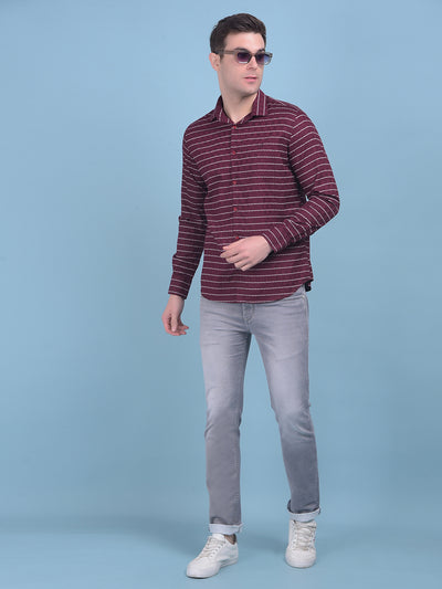 Wine Horizontal Striped 100% Cotton Shirt-Men Shirts-Crimsoune Club