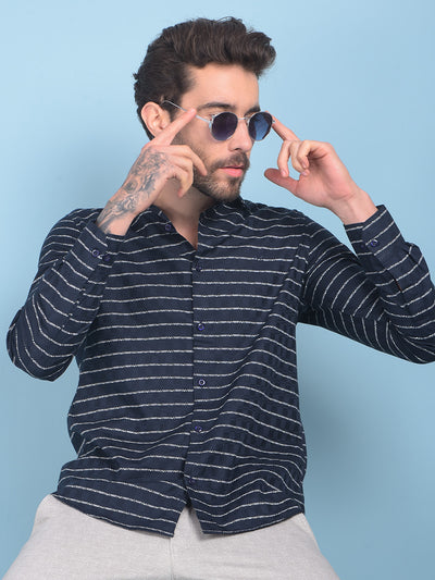 Blue Horizontal Striped 100% Cotton Shirt-Men Shirts-Crimsoune Club