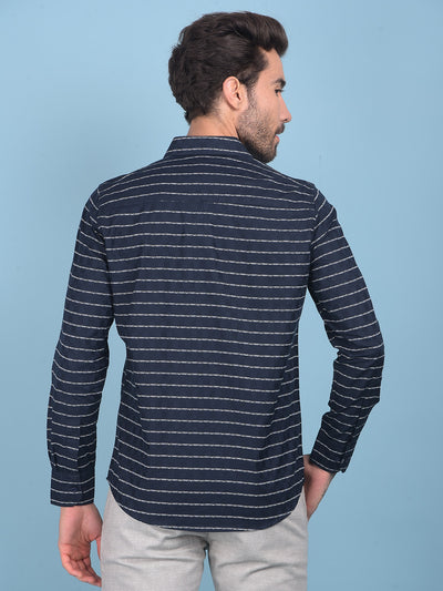 Blue Horizontal Striped 100% Cotton Shirt-Men Shirts-Crimsoune Club