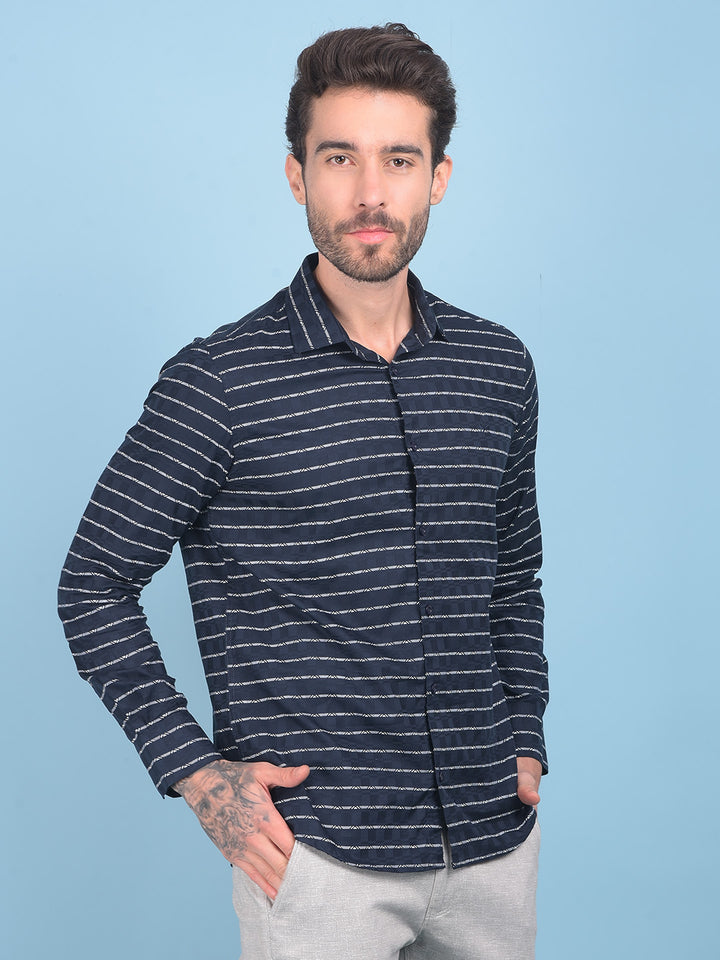 Blue Horizontal Striped 100% Cotton Shirt-Men Shirts-Crimsoune Club