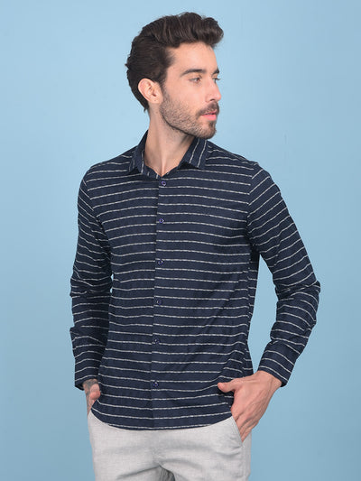 Blue Horizontal Striped 100% Cotton Shirt-Men Shirts-Crimsoune Club