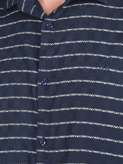 Blue Horizontal Striped 100% Cotton Shirt-Men Shirts-Crimsoune Club